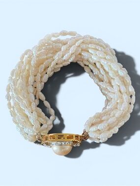 Multi-Strand Cream Pearl Bracelet with Gold Clasp